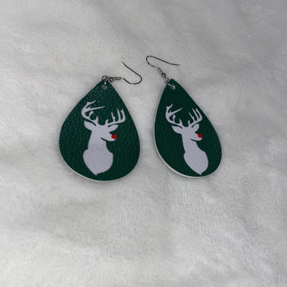 Faux Leather green reindeer Earrings NEW